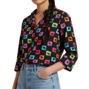 Y2K Black Multicolor Abstract Square Print 3/4 Sleeve Tunic Blouse M